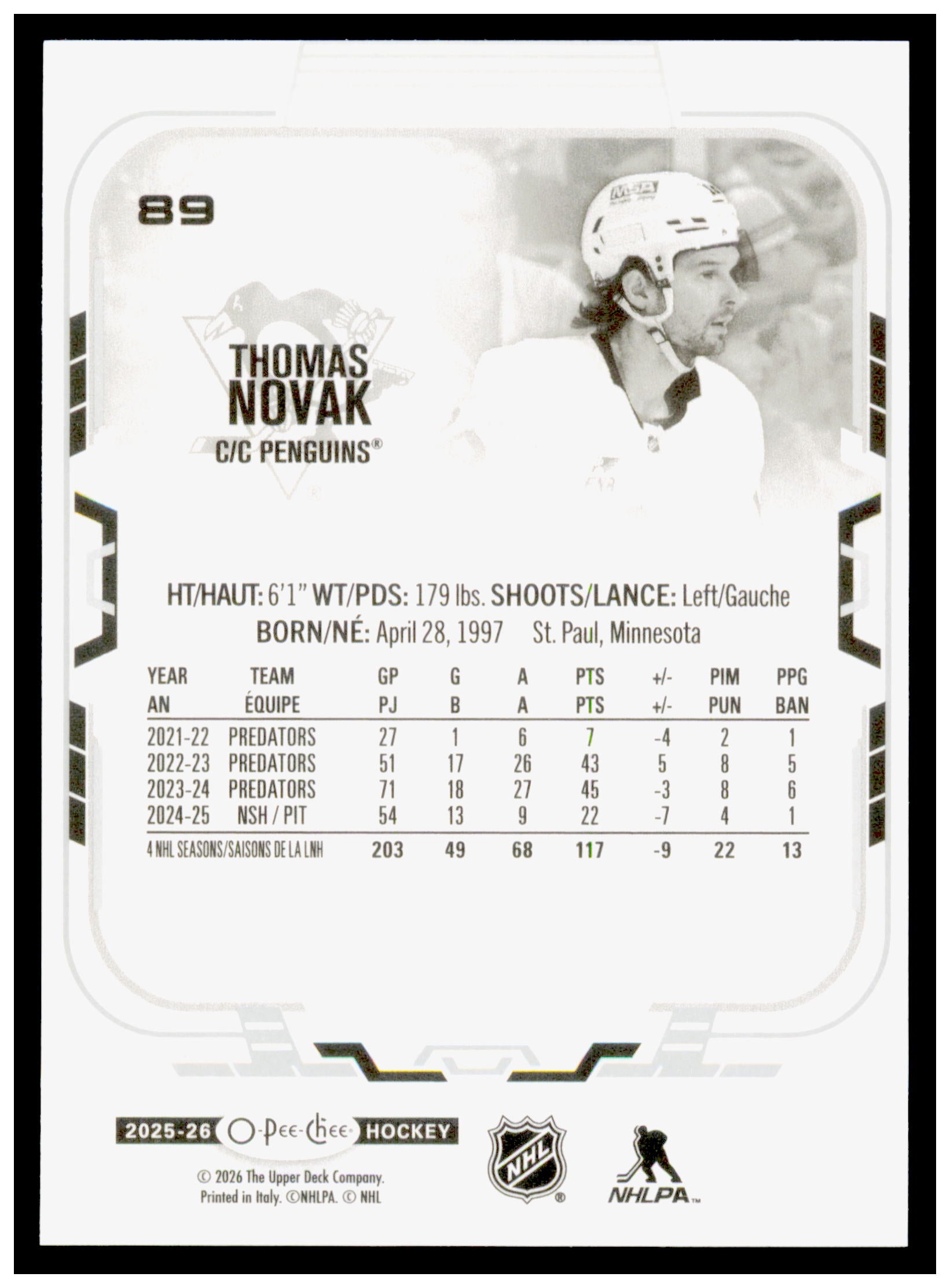 2025-26 O-Pee-Chee Thomas Novak Card Pittsburgh Penguins #89