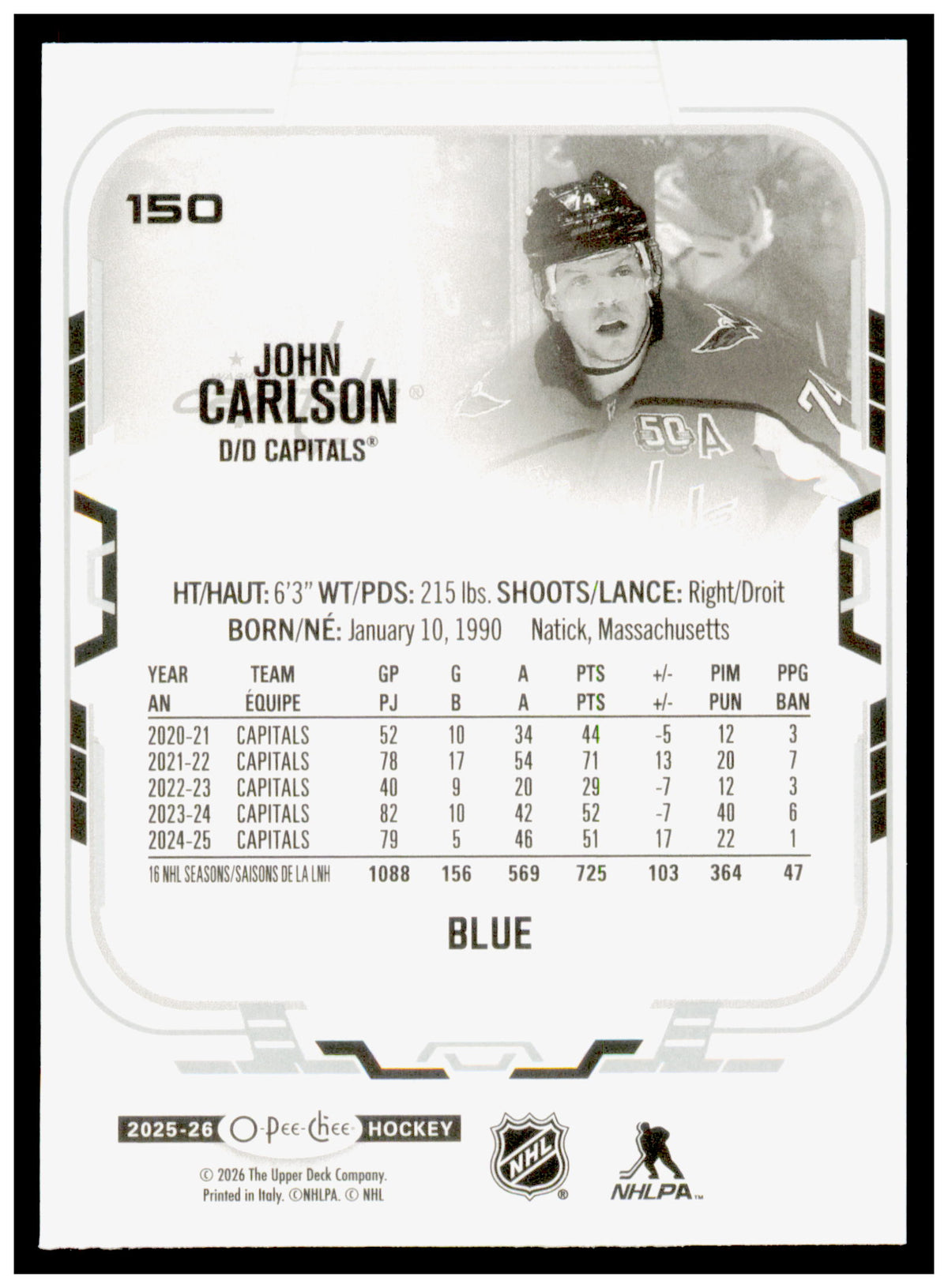 2025-26 O-Pee-Chee John Carlson Card Blue Border Washington Capitals #150