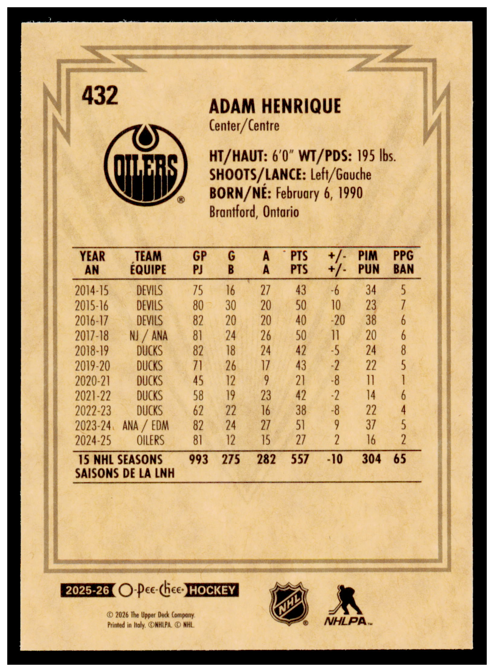 2025-26 O-Pee-Chee Adam Henrique Card Retro Edmonton Oilers #432