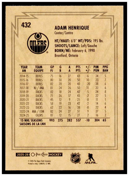 2025-26 O-Pee-Chee Adam Henrique Card Retro Edmonton Oilers #432