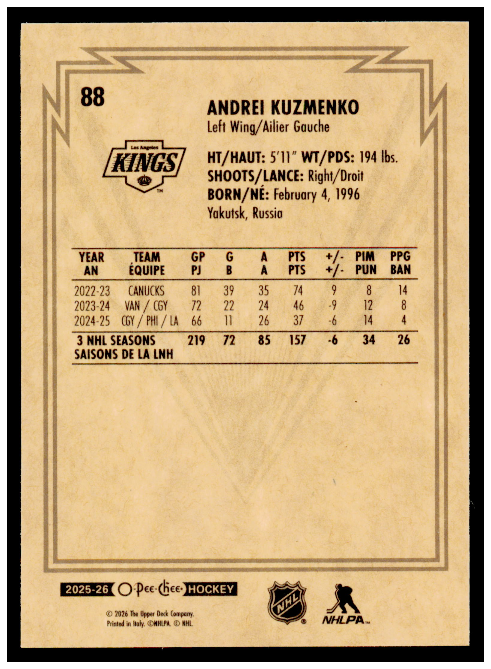 2025-26 O-Pee-Chee Andrei Kuzmenko Card Retro Los Angeles Kings #88