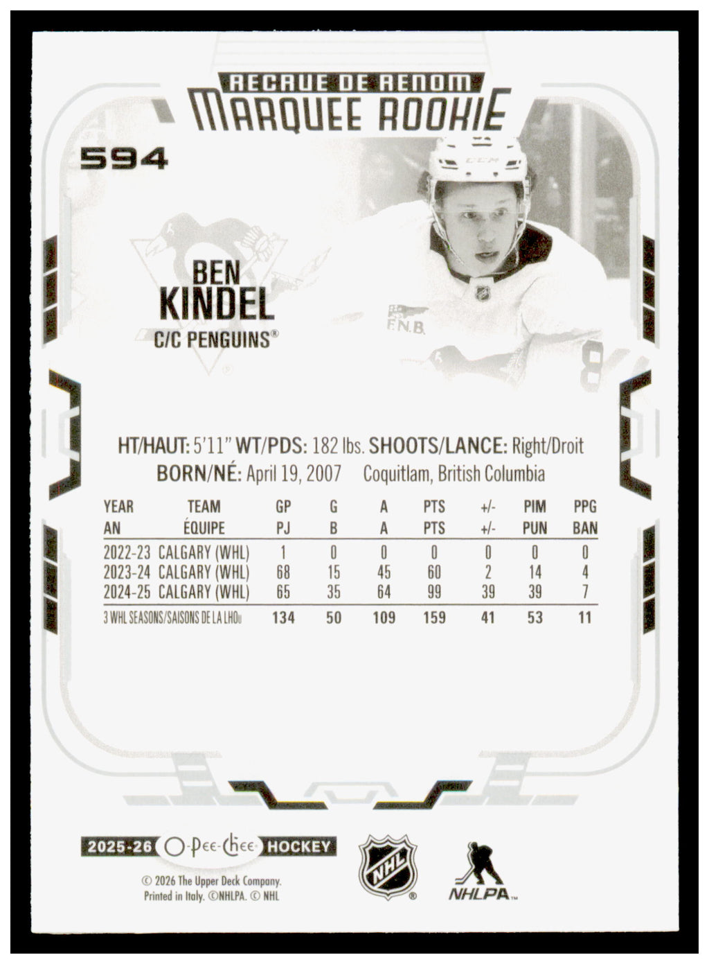 2025-26 O-Pee-Chee Ben Kindel Card RC Pittsburgh Penguins #594