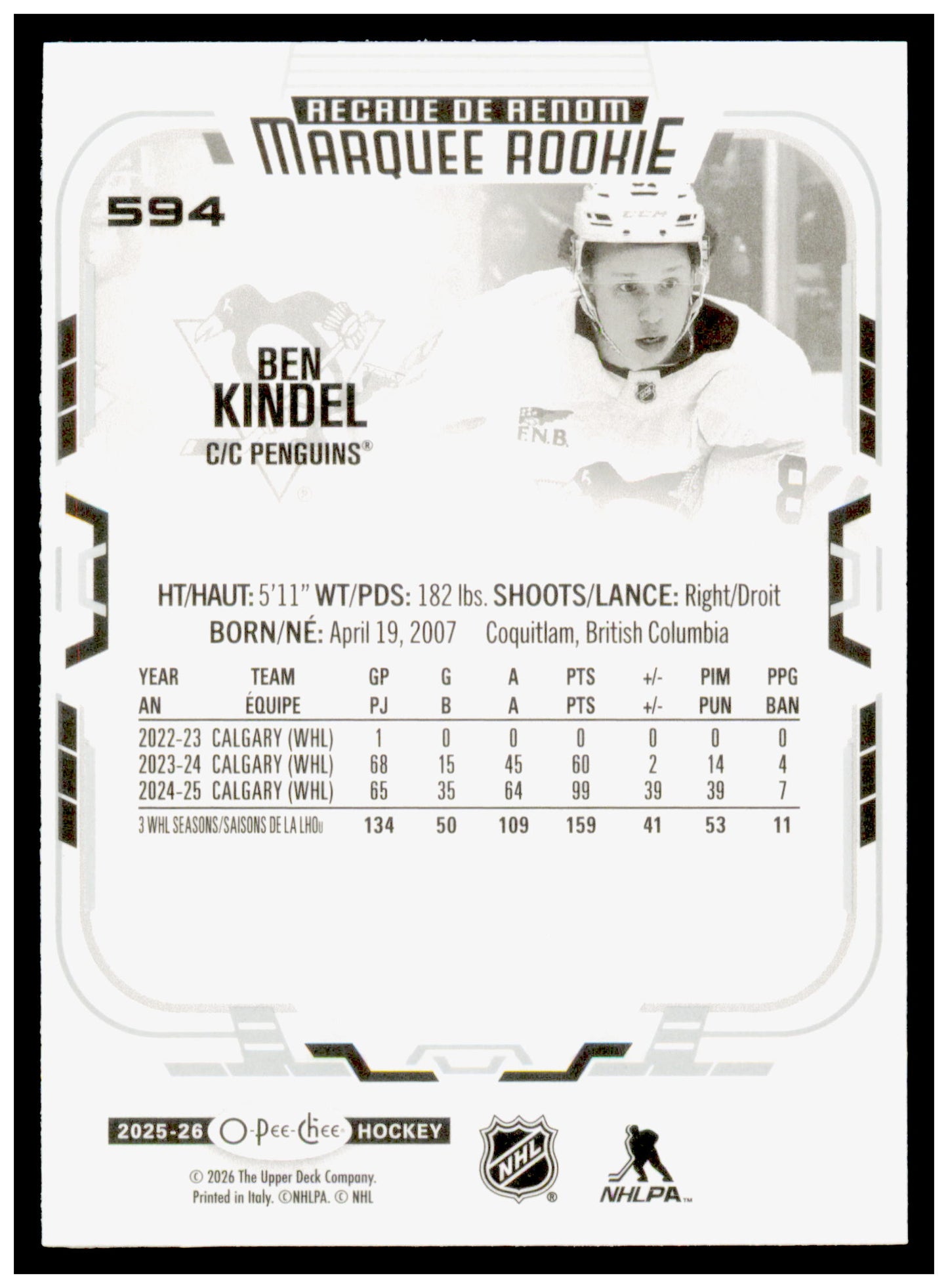 2025-26 O-Pee-Chee Ben Kindel Card RC Pittsburgh Penguins #594