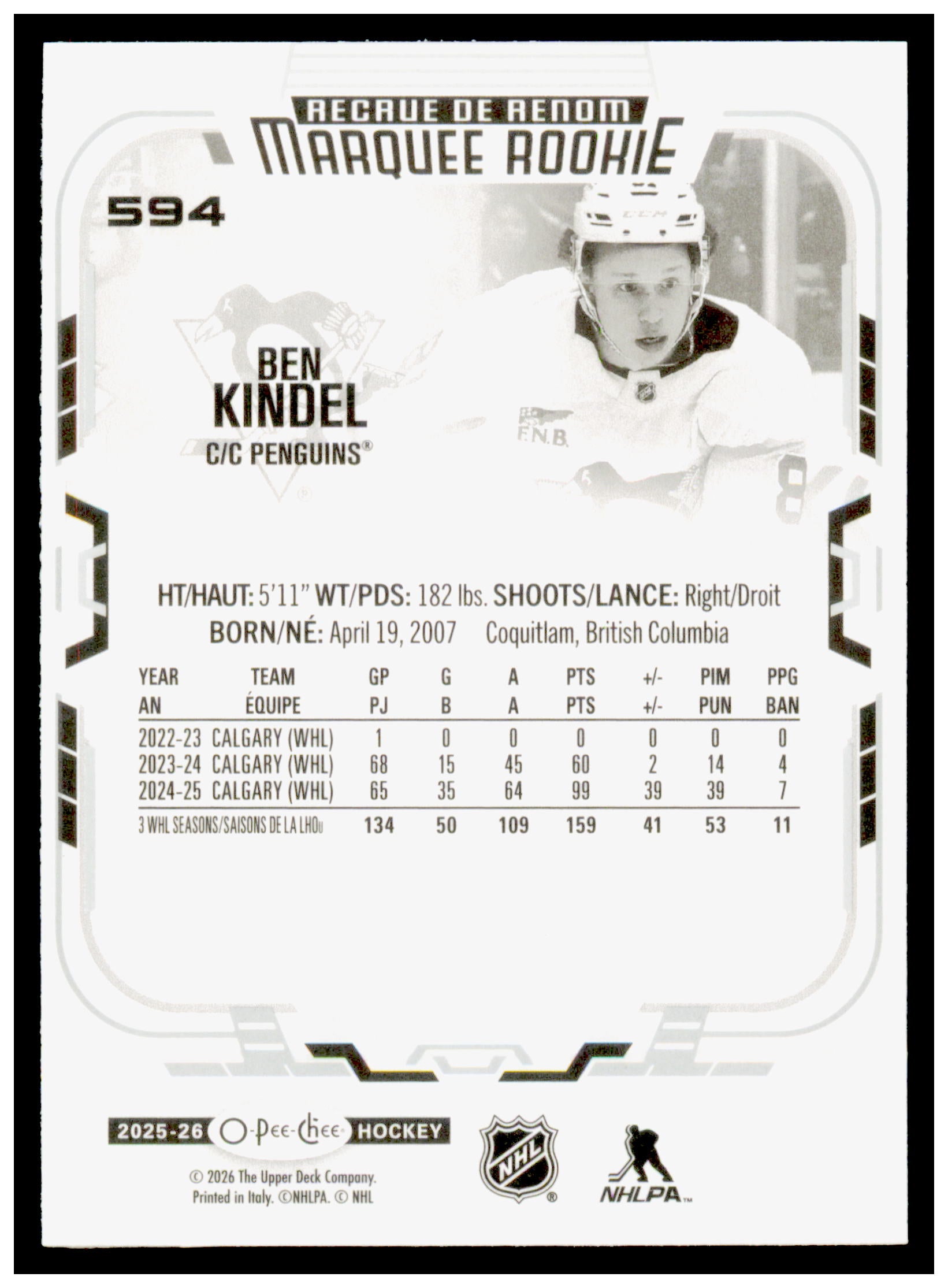 2025-26 O-Pee-Chee Ben Kindel Card RC Pittsburgh Penguins #594