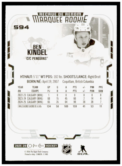 2025-26 O-Pee-Chee Ben Kindel Card RC Pittsburgh Penguins #594