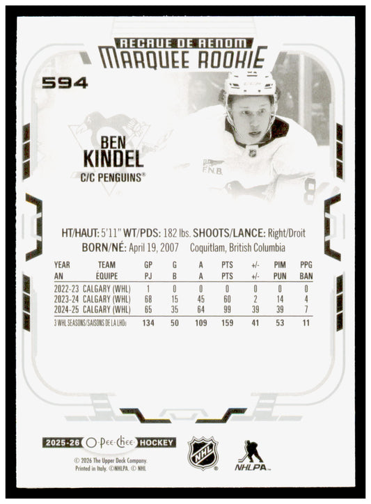 2025-26 O-Pee-Chee Ben Kindel Card RC Pittsburgh Penguins #594
