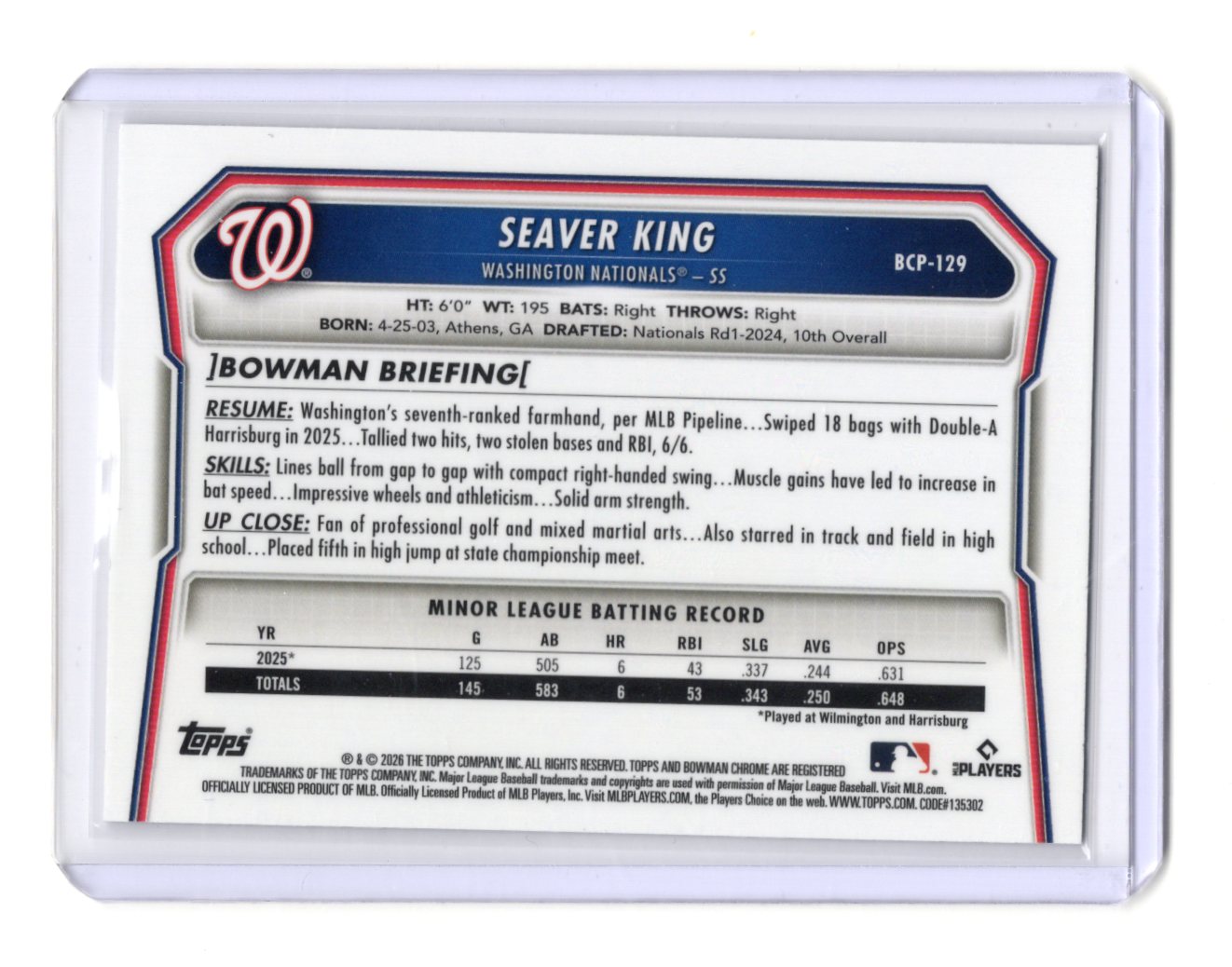2026 Bowman Seaver King Card Chrome Prospects Washington Nationals #BCP-129