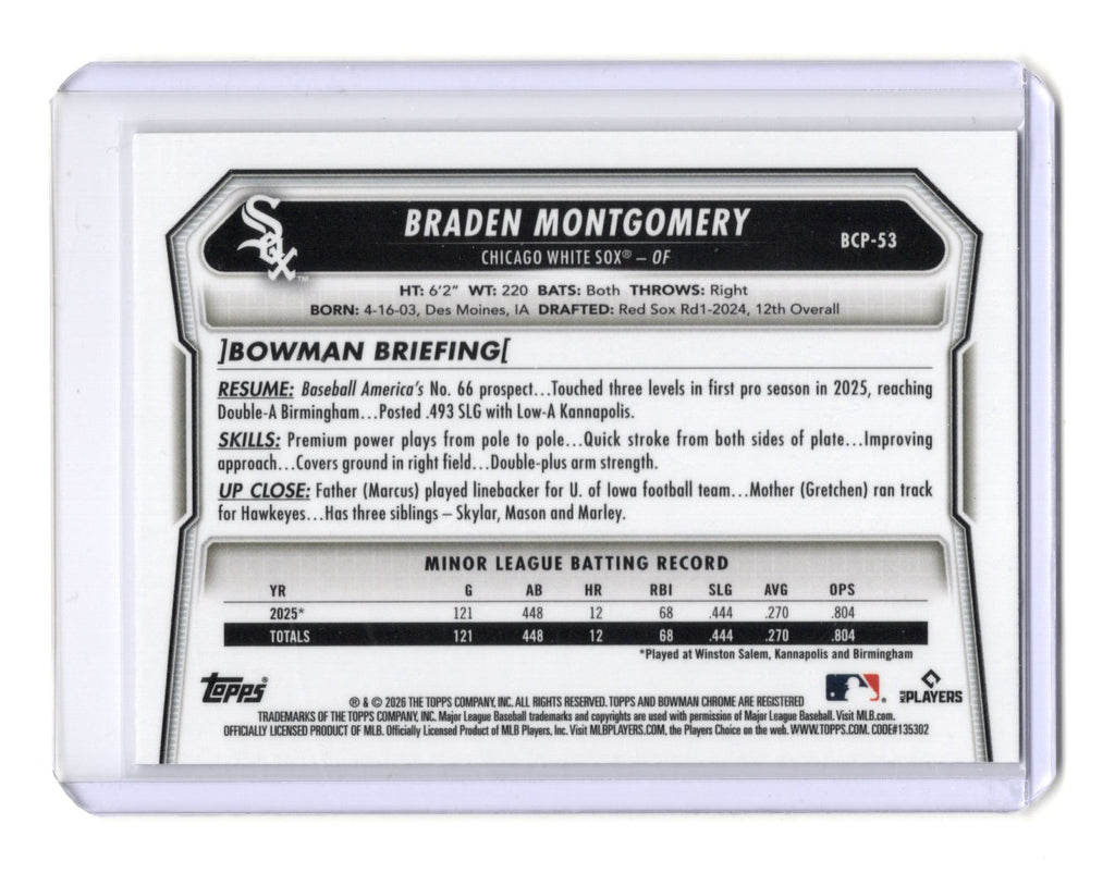 2026 Bowman Braden Montgomery Card Chrome Prospects Chicago White Sox #BCP-53