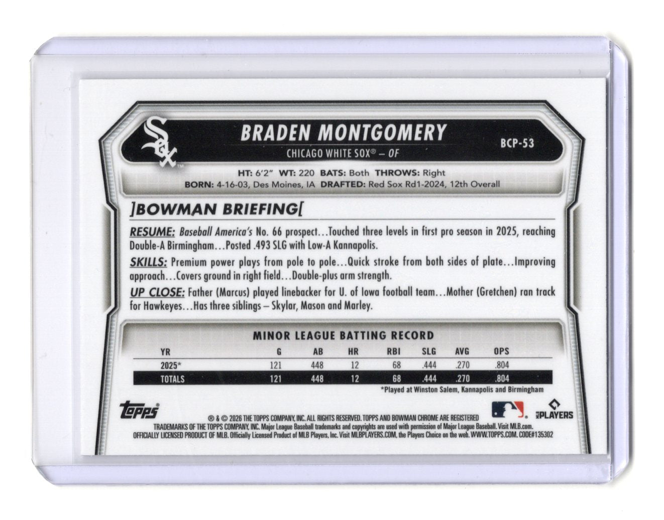 2026 Bowman Braden Montgomery Card Chrome Prospects Chicago White Sox #BCP-53