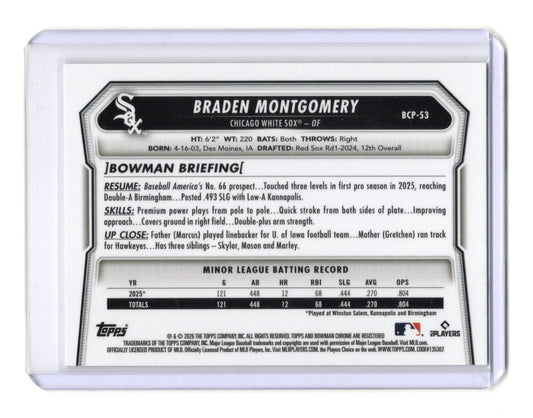 2026 Bowman Braden Montgomery Card Chrome Prospects Chicago White Sox #BCP-53