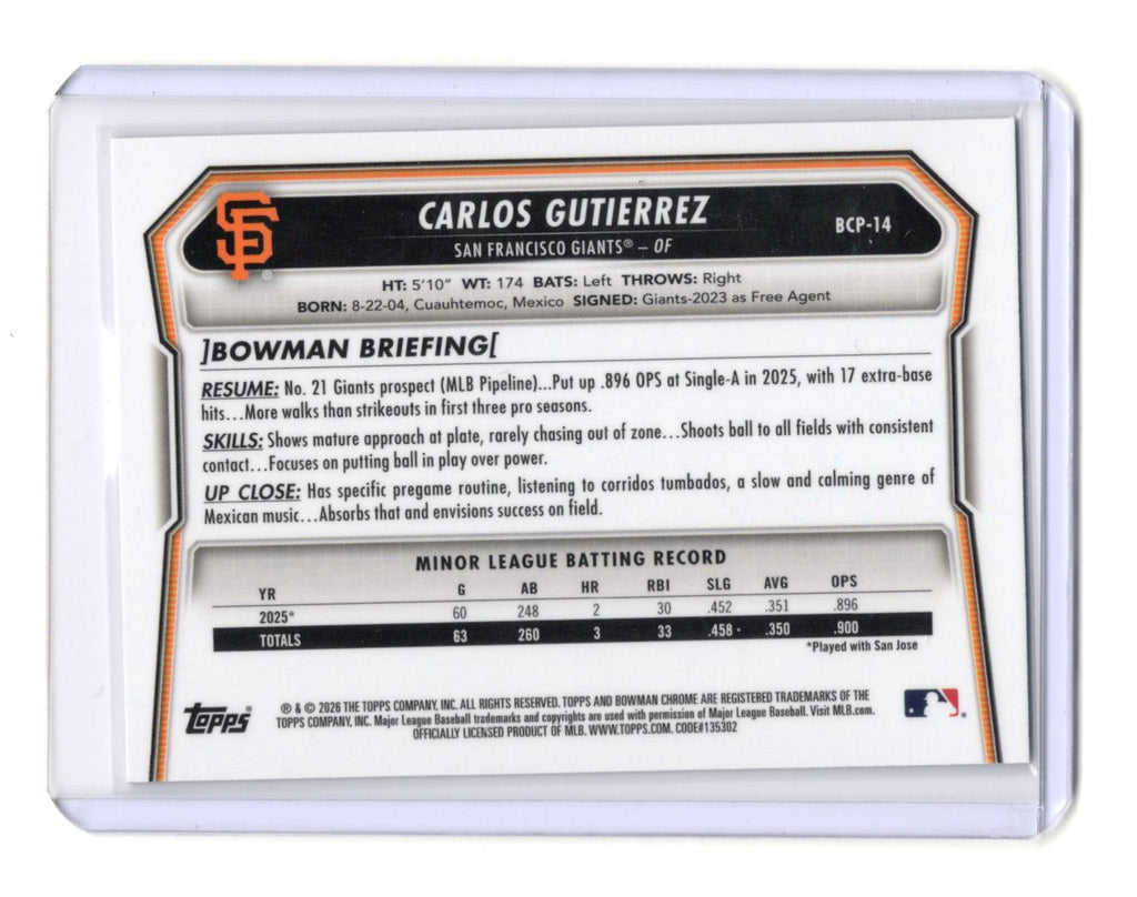 2026 Bowman Carlos Gutierrez Card Chrome Prospects San Francisco Giants #BCP-14