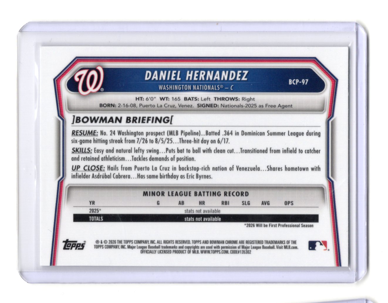 2026 Bowman Daniel Hernandez Card Chrome Prospects  Nationals #BCP-97