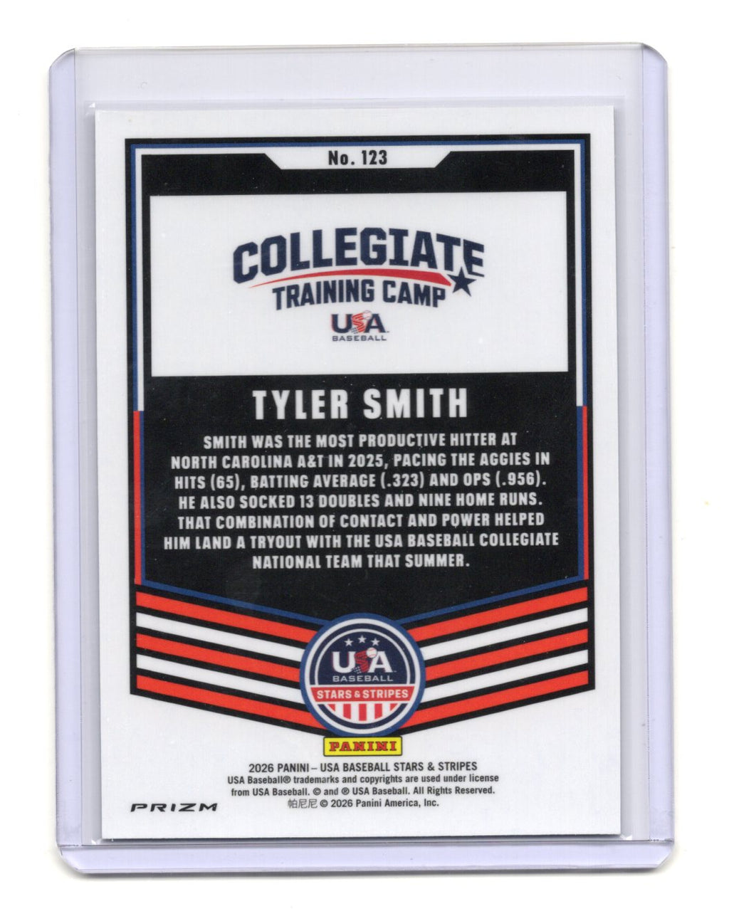 2026 Panini Stars & Stripes Prizm USA Baseball Tyler Smith Card #123