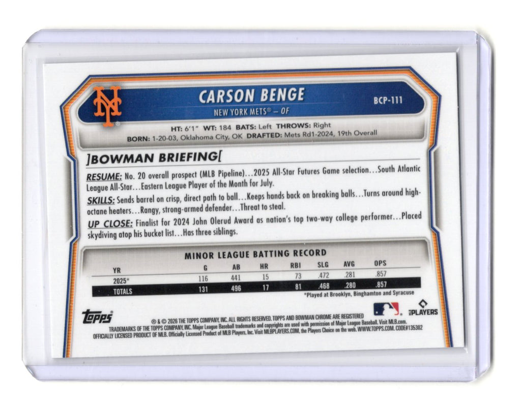 2026 Bowman Carson Benge Card Chrome Prospects New York Mets #BCP-111
