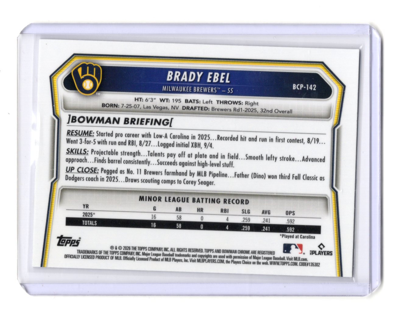 2026 Bowman Brady Ebel Card Chrome Prospects Milwaukee Brewers #BCP-142