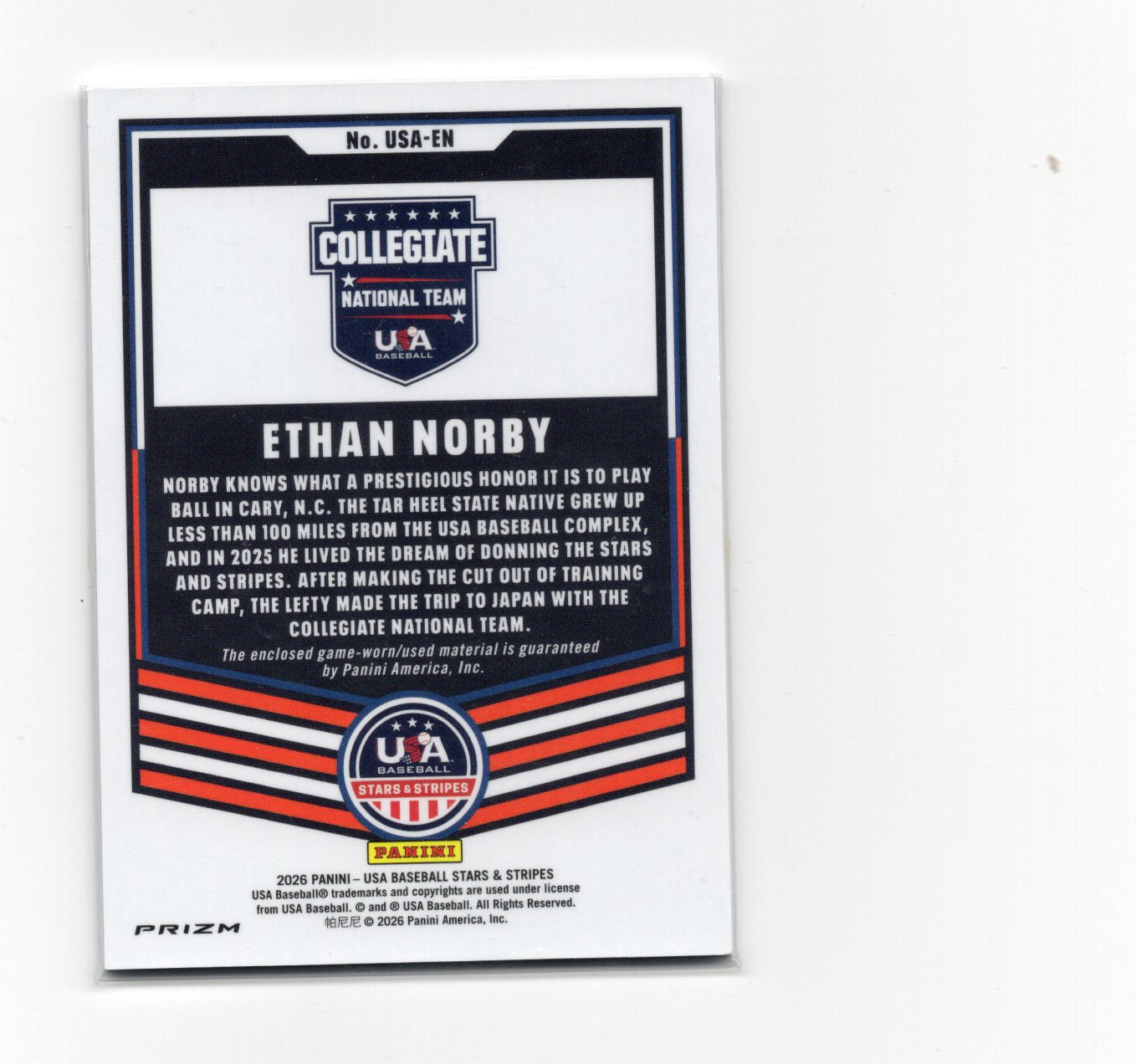 2026 Panini Stars & Stripes Prizm USA Baseball Ethan Norby Card USA Materials