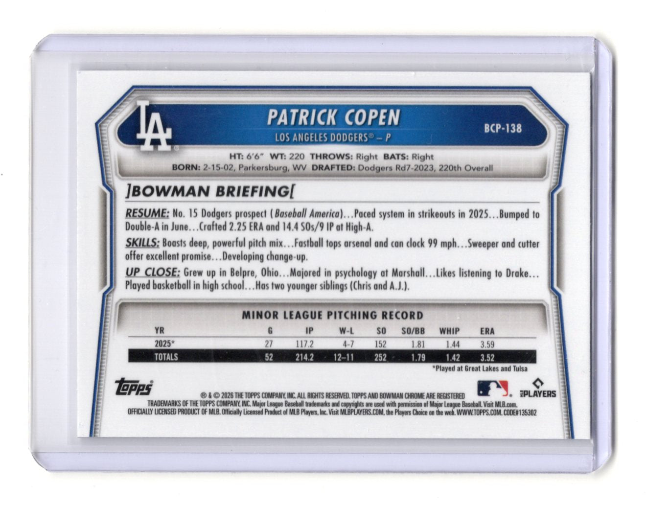 2026 Bowman Patrick Copen Card Chrome Prospects Los Angeles Dodgers #BCP-138