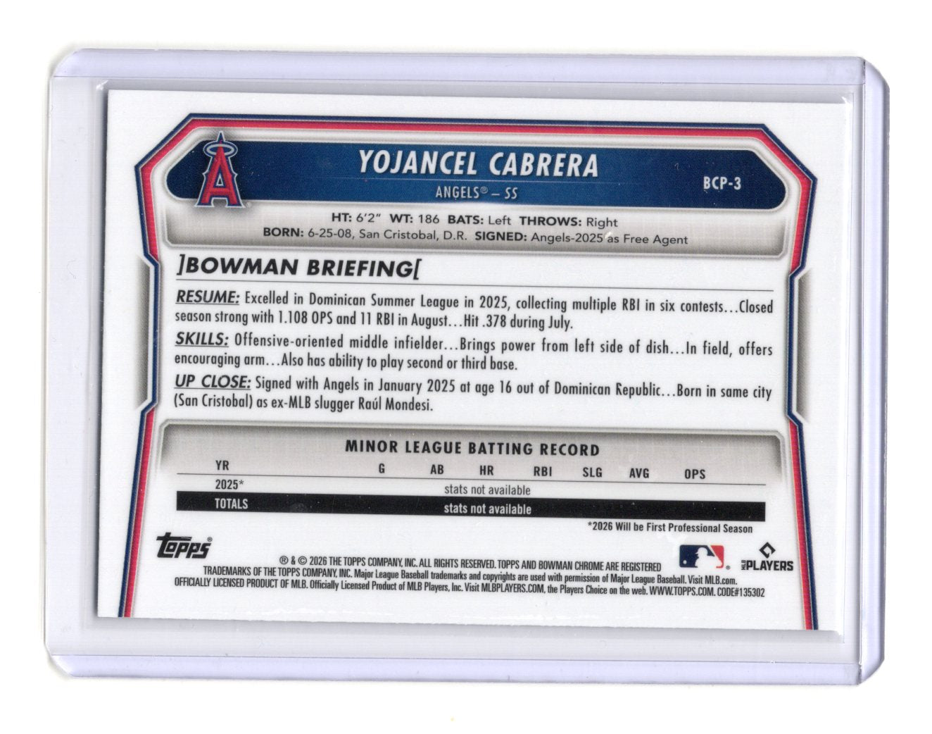 2026 Bowman Yojancel Cabrera Card Chrome Prospects Los Angeles Angels #BCP-3