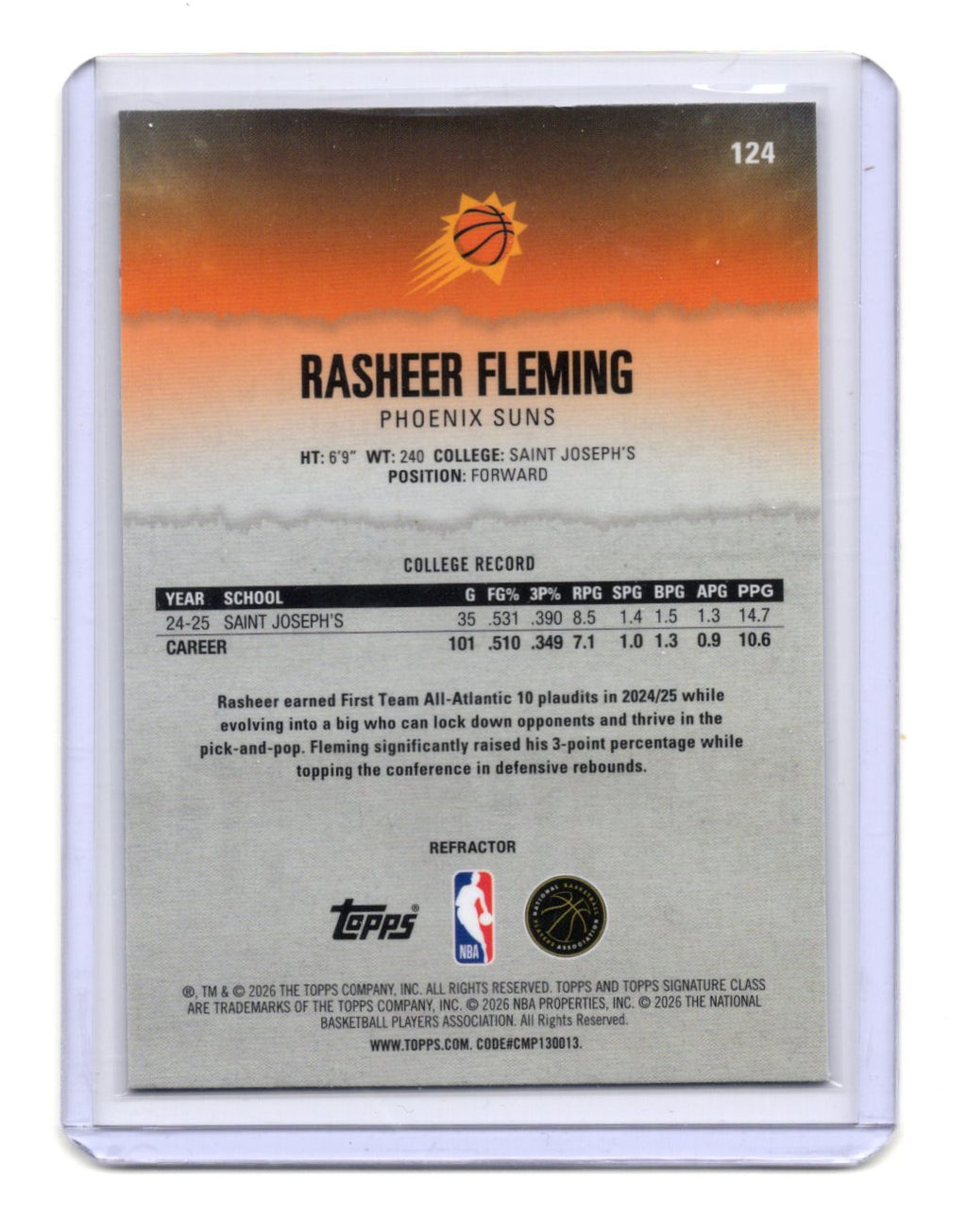 2025-26 Topps Signature Class Rasheer Fleming Card RC Phoenix Suns #124