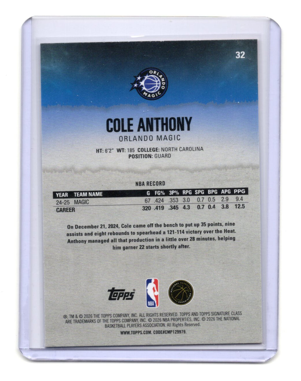 2025-26 Topps Signature Class Cole Anthony Card Blue & Orange Orlando Magic #32