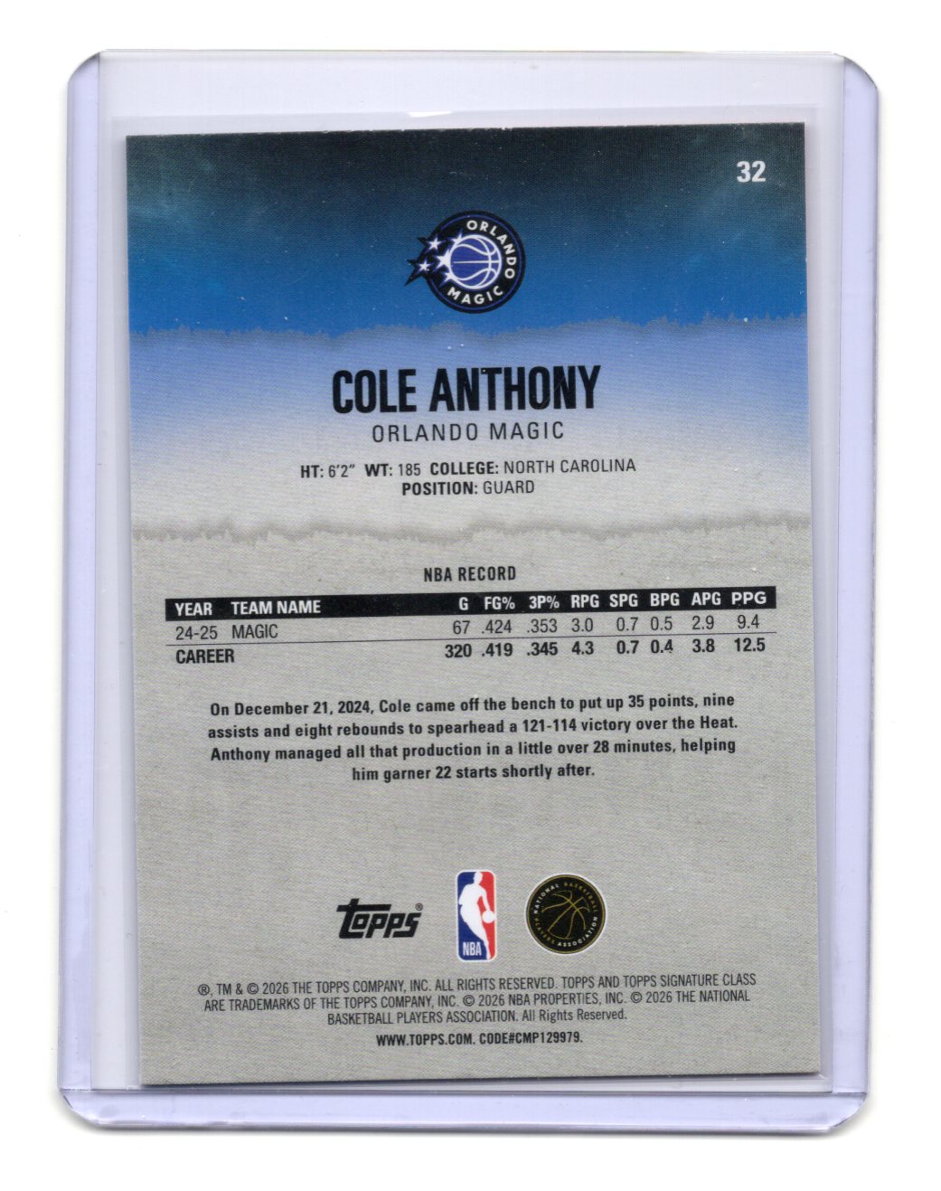 2025-26 Topps Signature Class Cole Anthony Card Blue & Orange Orlando Magic #32