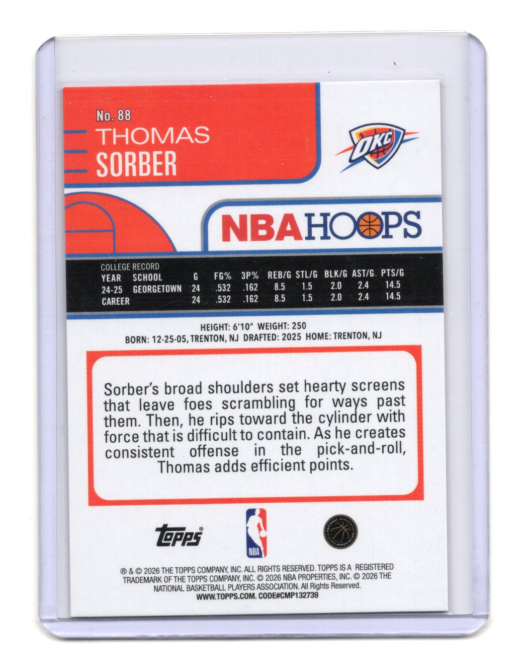2025-26 Hoops Thomas Sorber Card Orange Hoops RC Oklahoma City Thunder #88