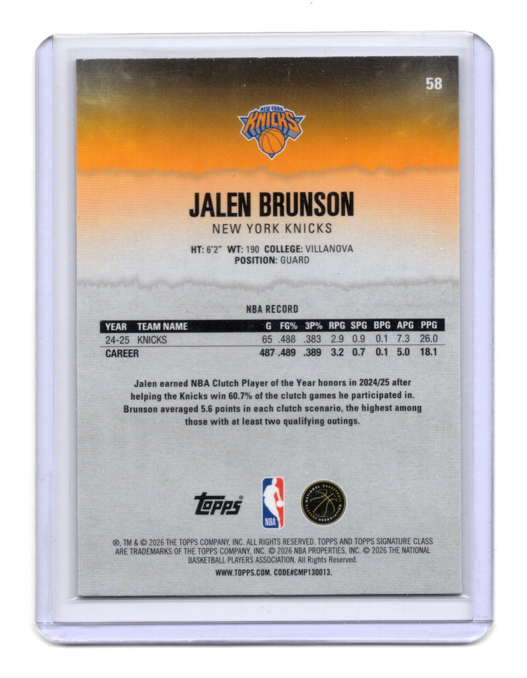 2025-26 Topps Signature Class Jalen Brunson #58 New York Knicks Round 2 SP