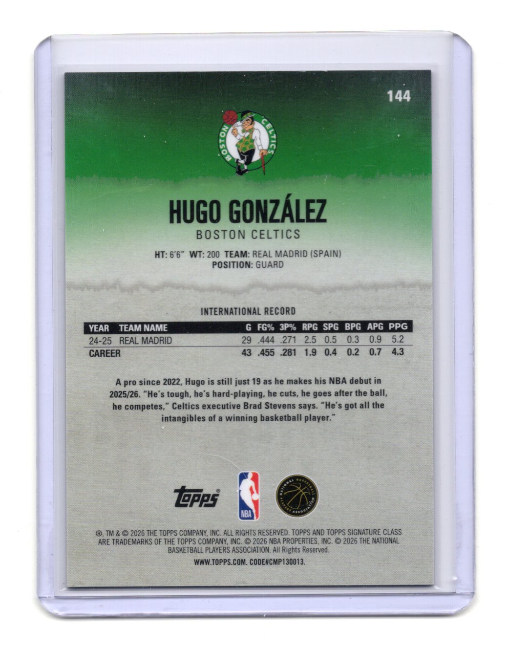 2025-26 Topps Signature Class Hugo Gonzalez Purple Foil RC Rookie /100 #144 SP
