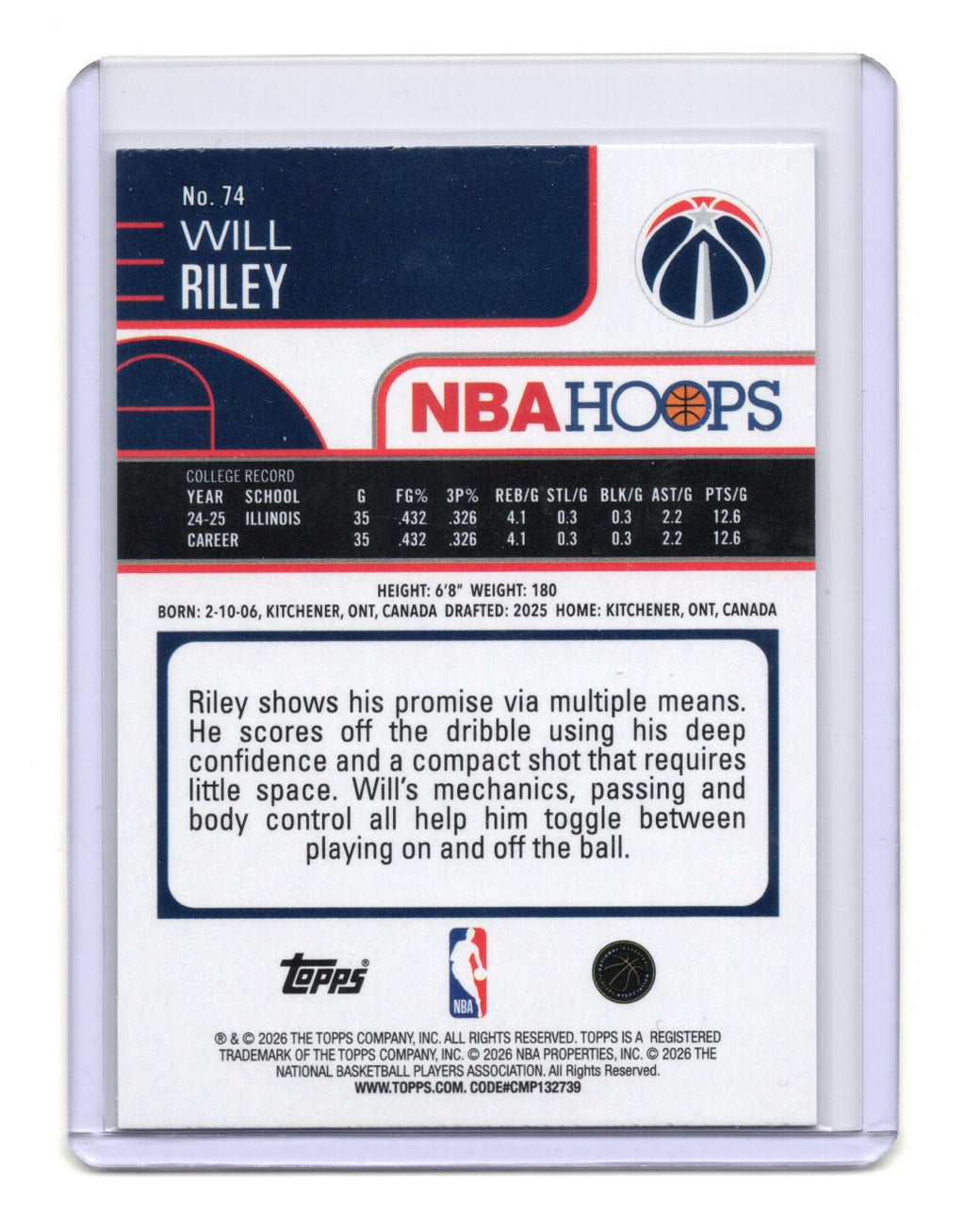 2025-26 Hoops Will Riley Card Rainbow RC Washington Wizards #74