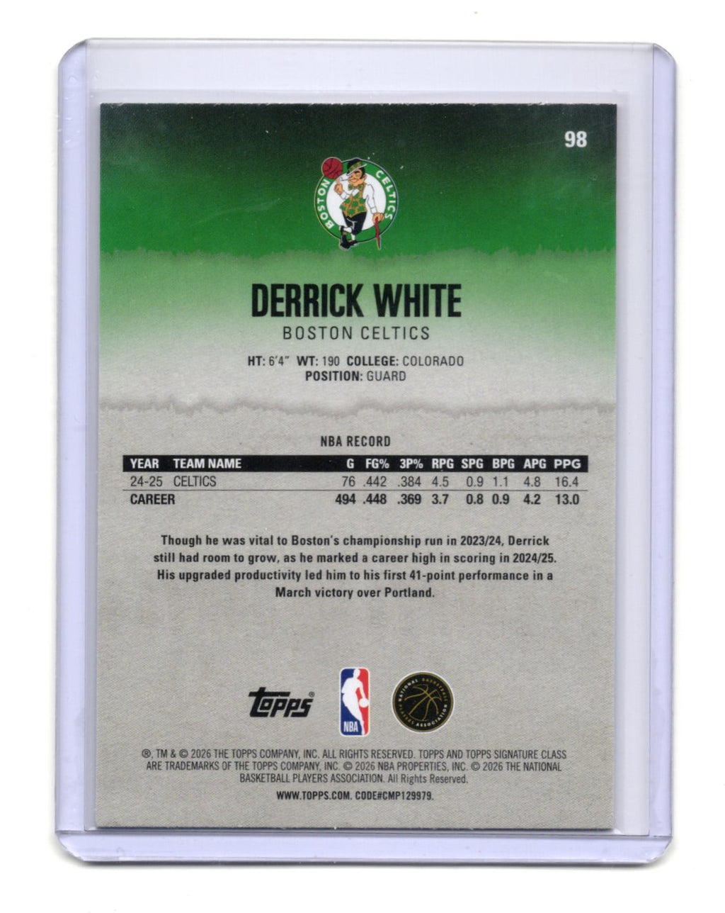 2025-26 Topps Signature Class Derrick White Card Boston Celtics #98