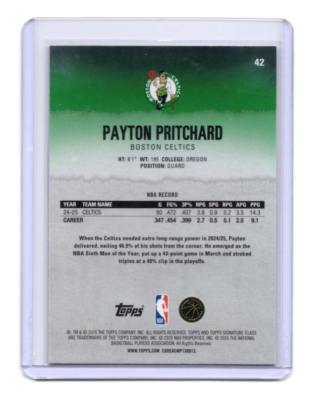 2025-26 Topps Signature Class Payton Pritchard Card Blue & Orange Celtics
