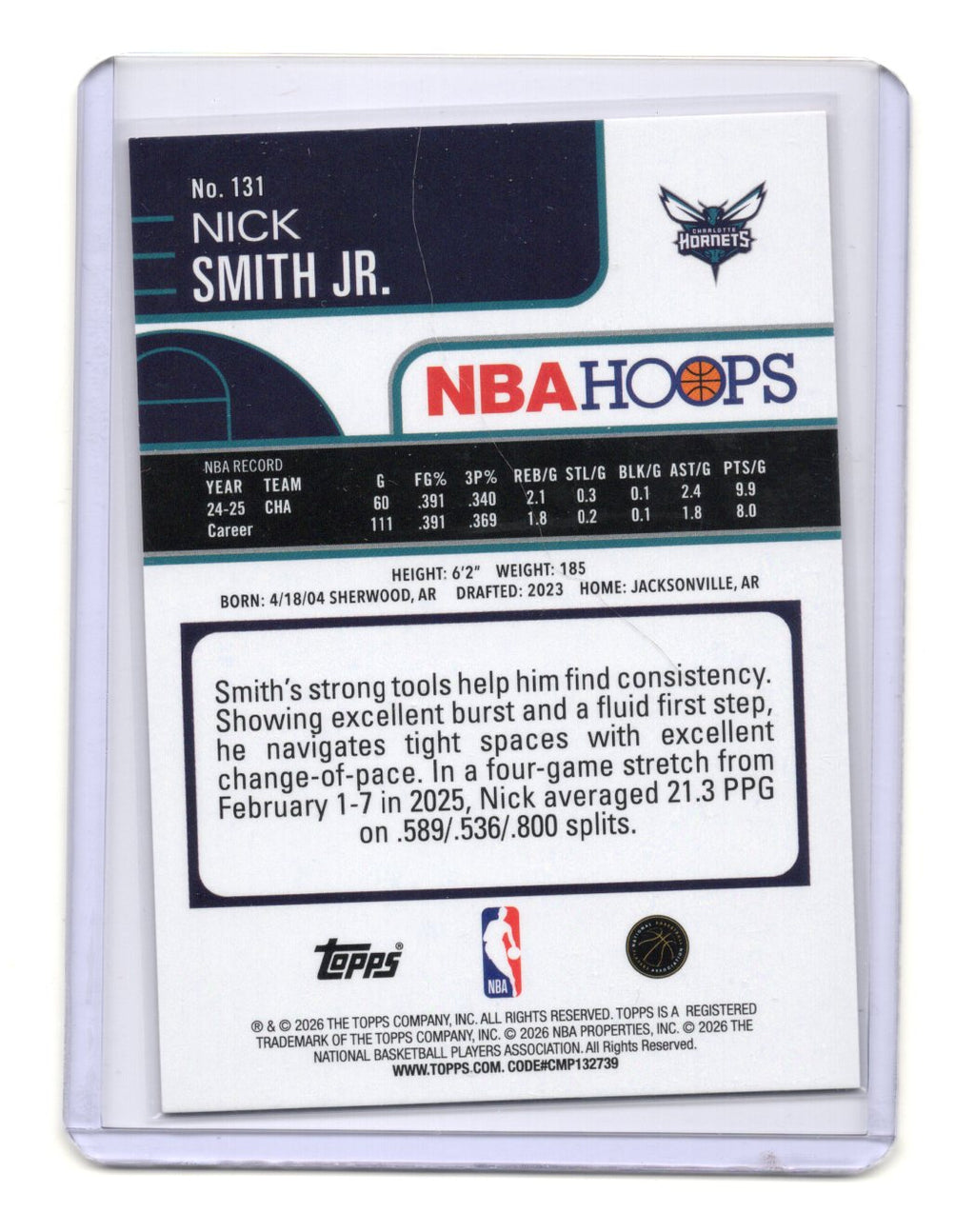 2025-26 Hoops Nick Smith Jr. Card Orange Hoops Charlotte Hornets #131