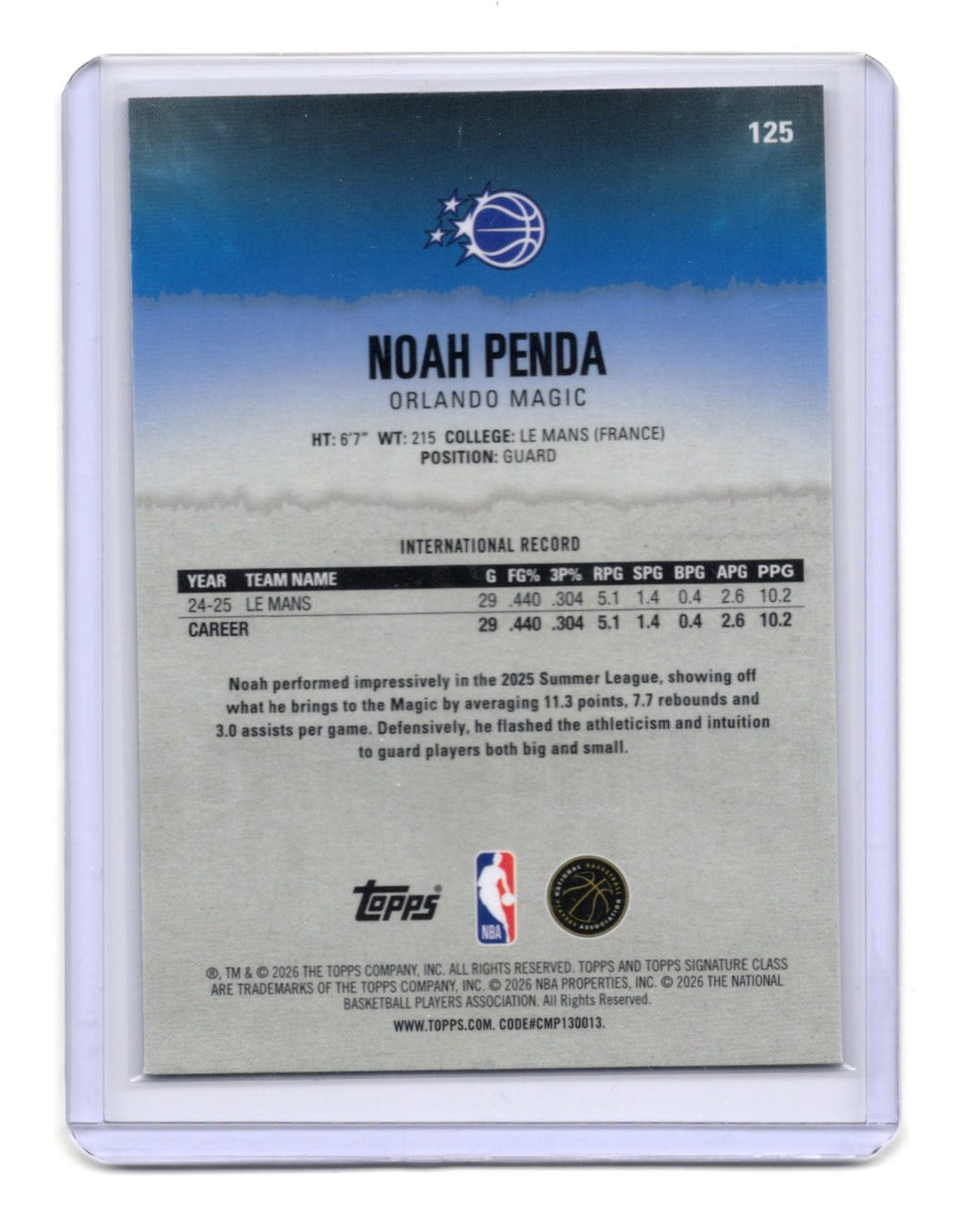 2025-26 Topps Signature Class Noah Penda Card Chrome RC Orlando Magic #125