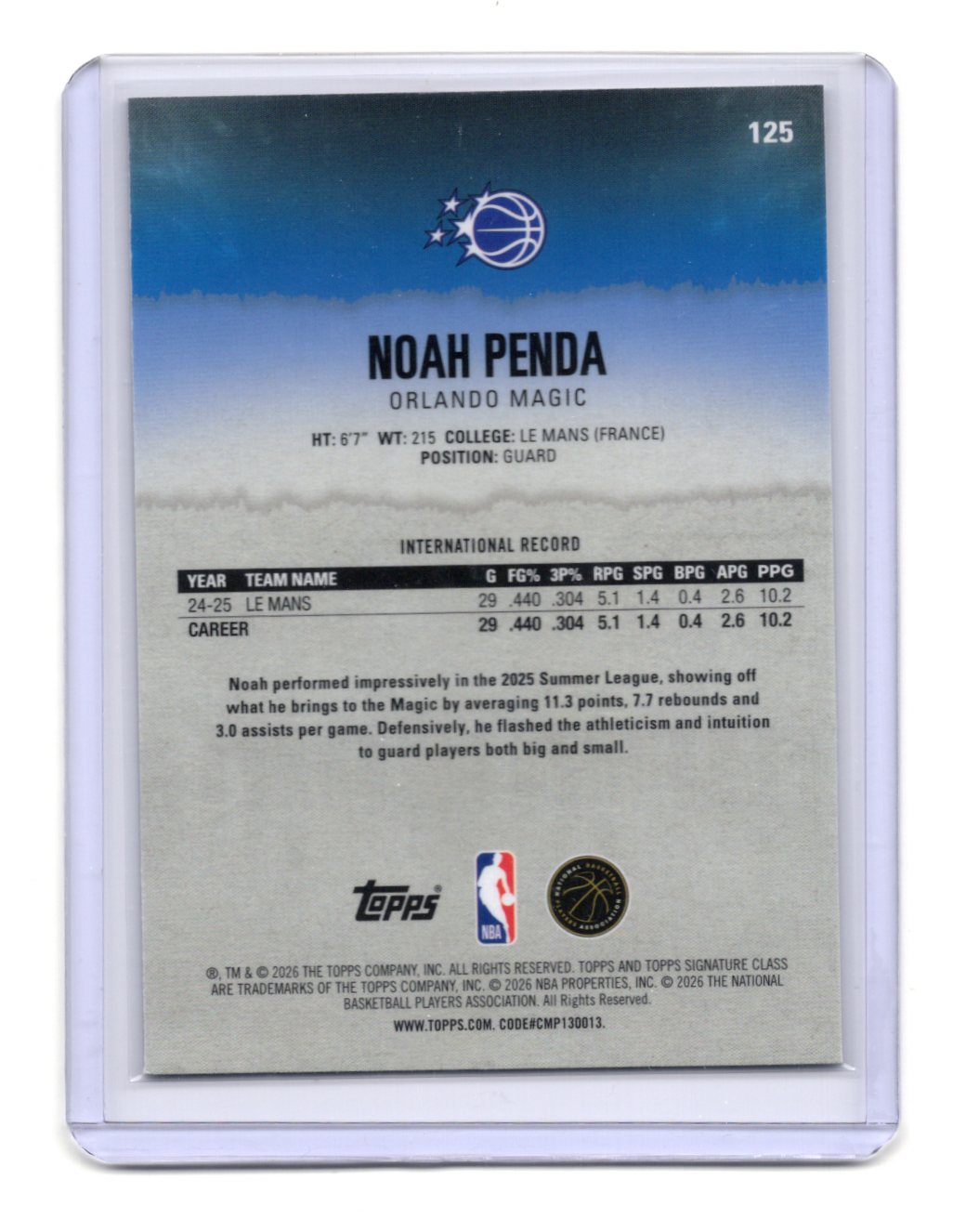 2025-26 Topps Signature Class Noah Penda Card RC Orlando Magic #125