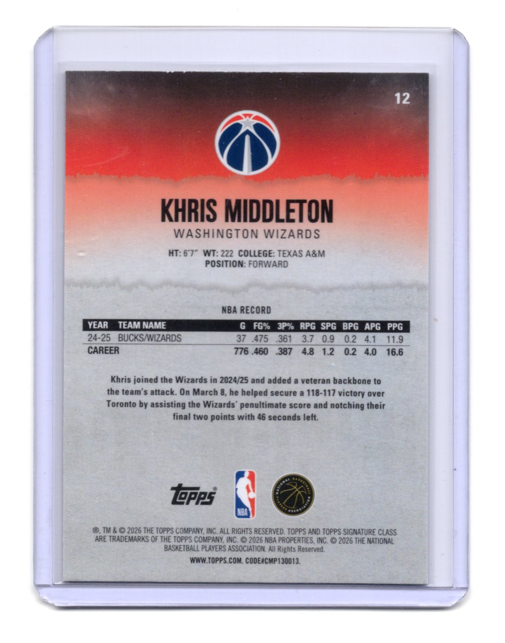 2025-26 Topps Signature Class Khris Middleton Card  Chrome  Wizards #12
