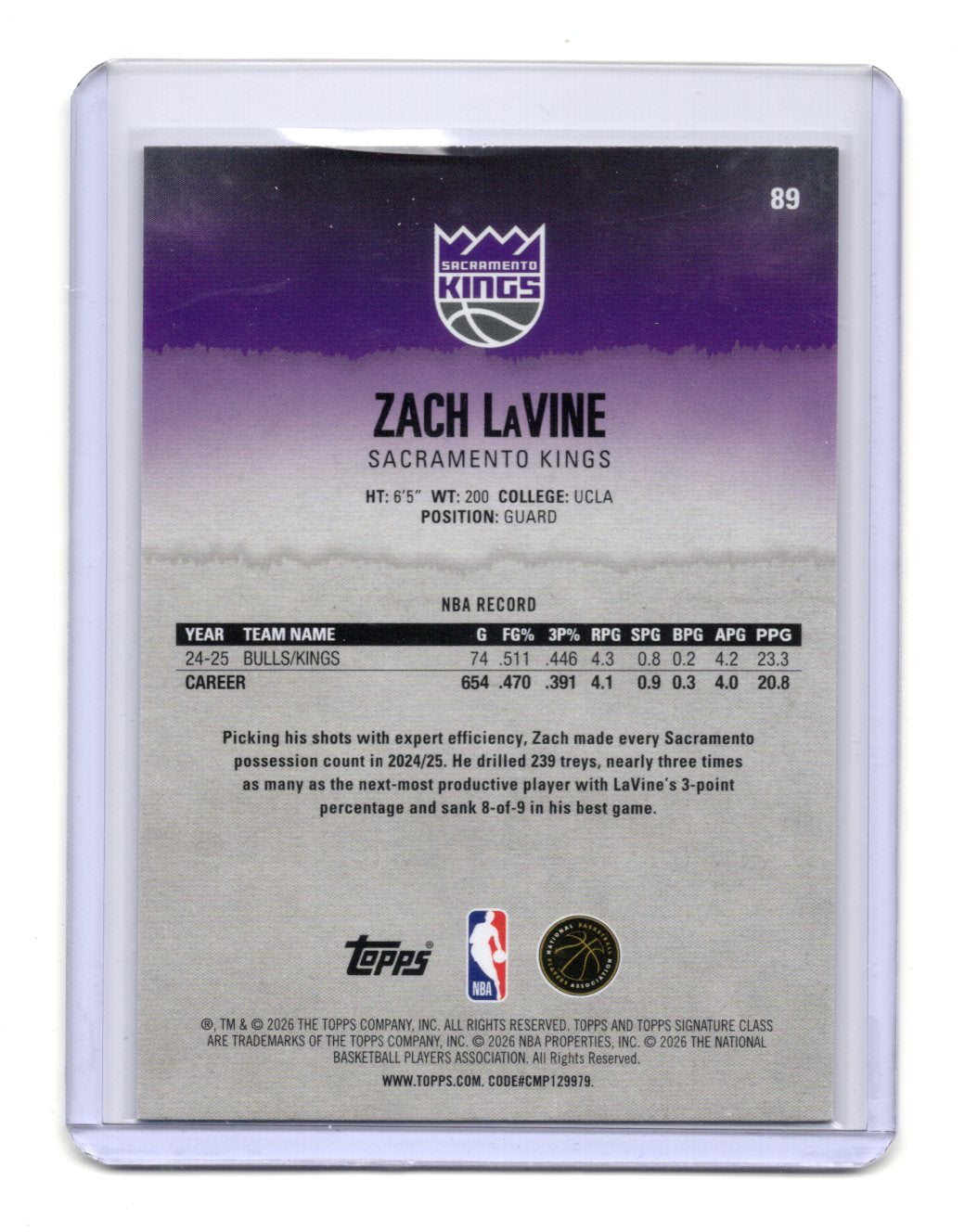 2025-26 Topps Signature Class Zach LaVine Card Bronze Sacramento Kings #89