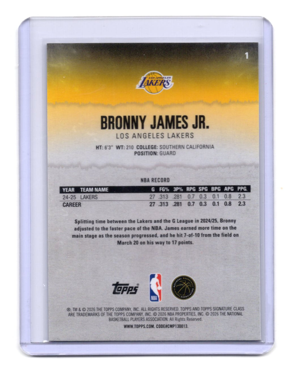 2025-26 Topps Signature Class Bronny James Jr. #1 Yellow Pandora Parallel SP