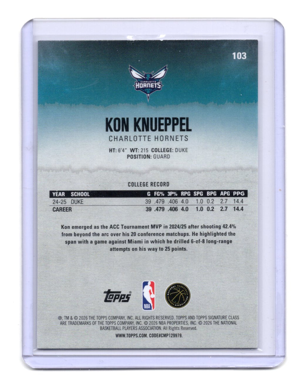 2025-26 Topps Signature Class Kon Knueppel Card RC Charlotte Hornets #103