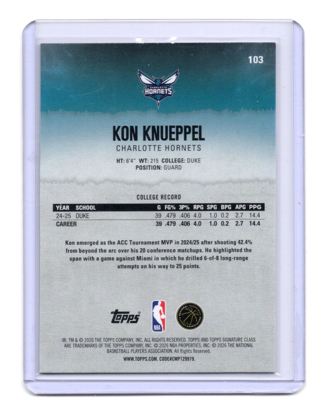 2025-26 Topps Signature Class Kon Knueppel Card RC Charlotte Hornets #103