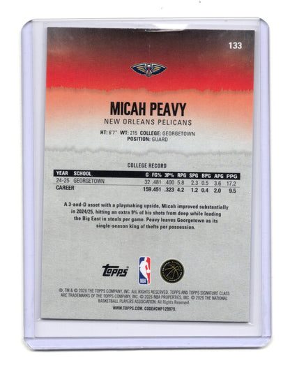 2025-26 Topps Signature Class Micah Peavy Card Blue & Orange RC Pelicans #133