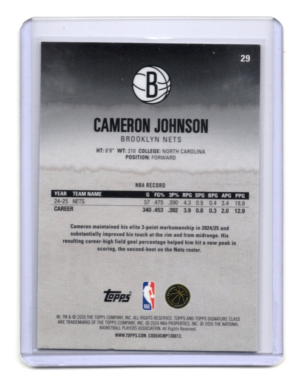 2025-26 Topps Signature Class Cameron Johnson #29 Pandora Refractor SP Nets