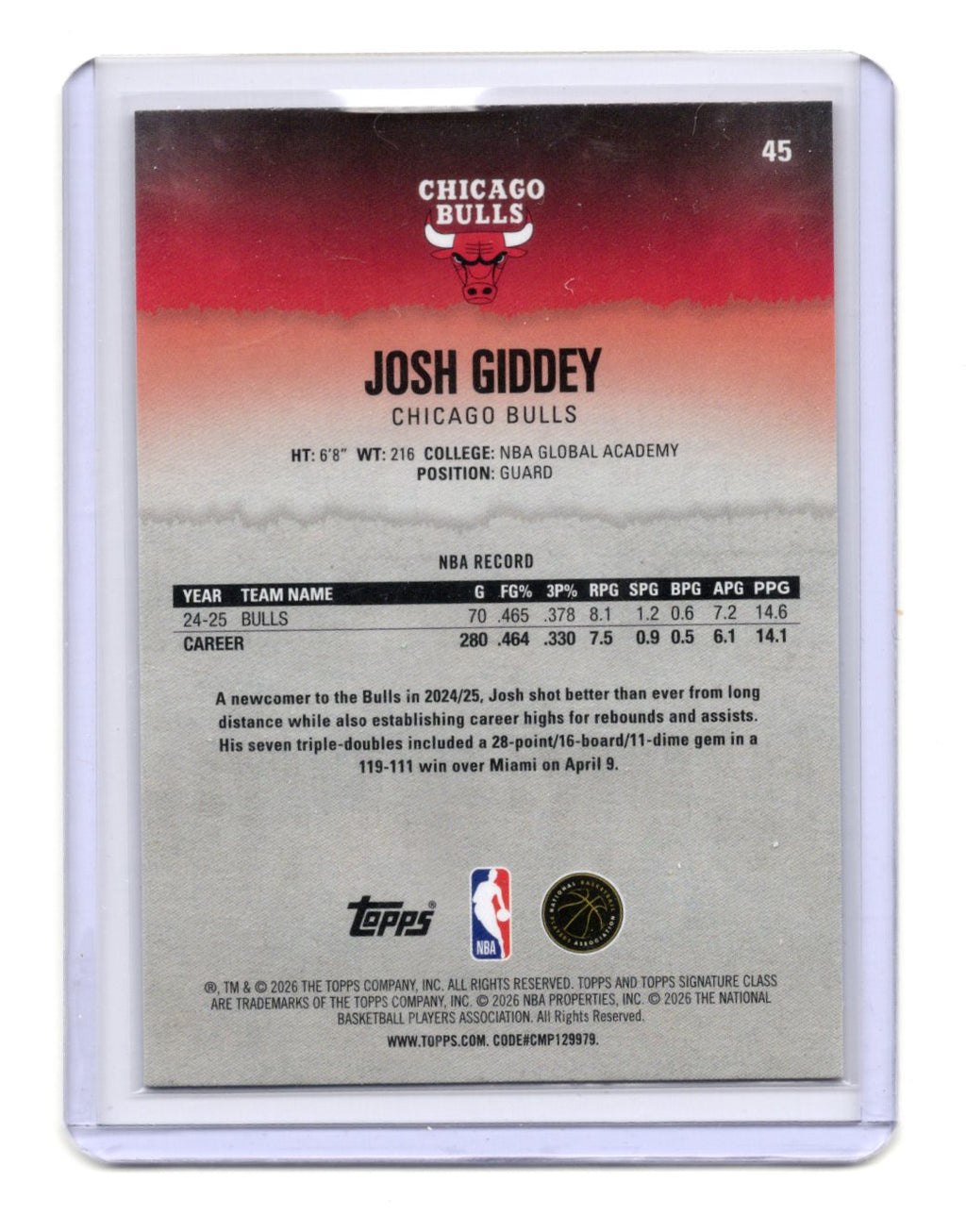 2025-26 Topps Signature Class Josh Giddey Card Blue & Orange Chicago Bulls #45