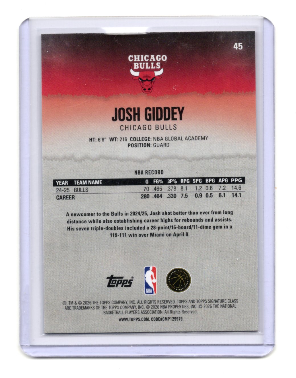 2025-26 Topps Signature Class Josh Giddey Card Blue & Orange Chicago Bulls #45