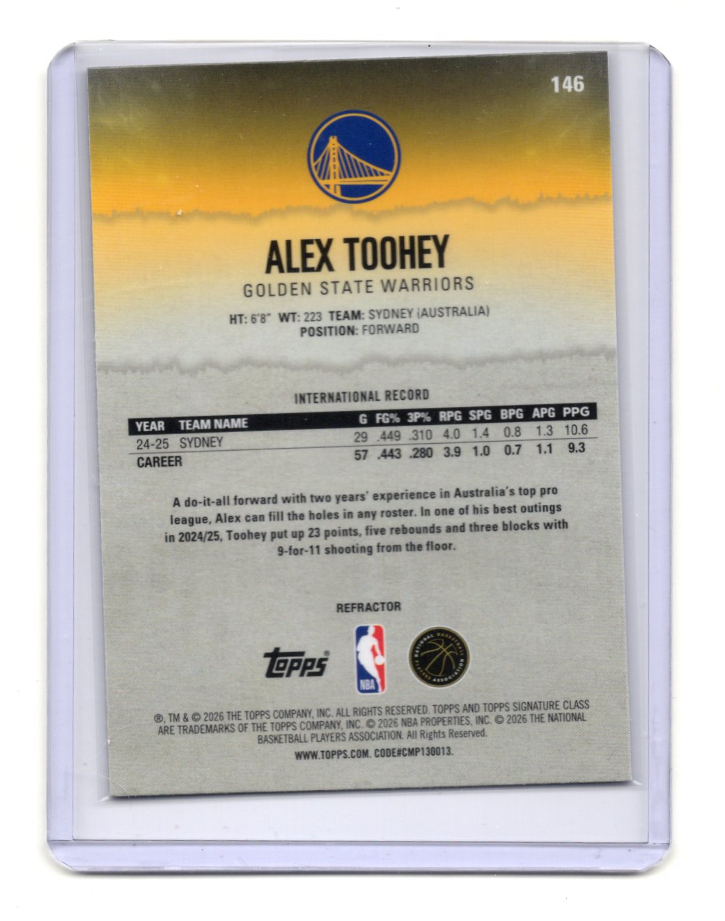 2025-26 Topps Signature Class Alex Toohey RC Refractor #146 Warriors