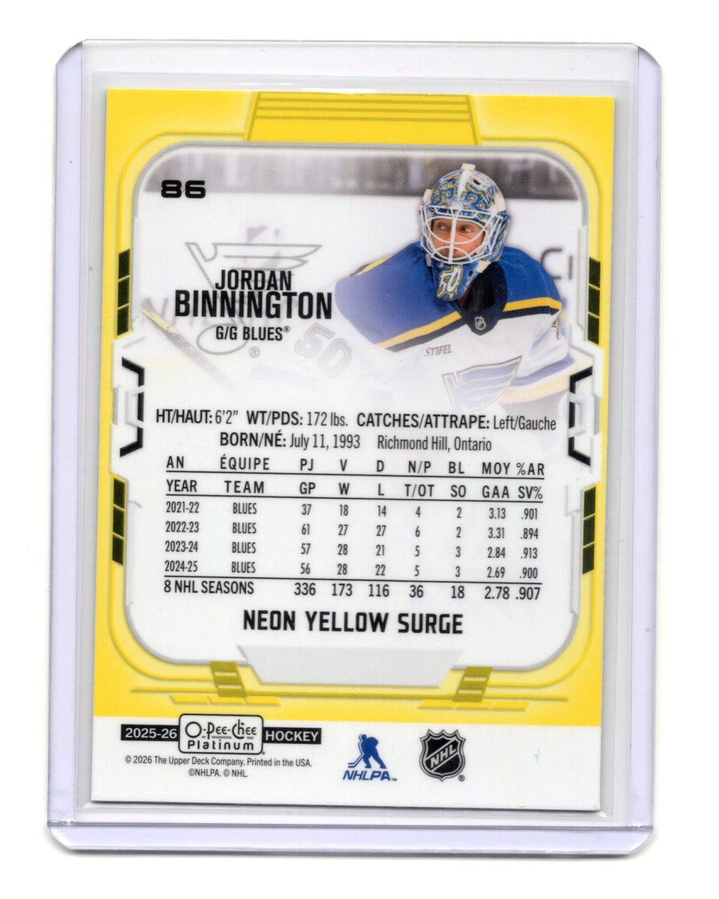 2025-26 O-Pee-Chee Platinum Jordan Binnington Neon Yellow Surge #86 Blues