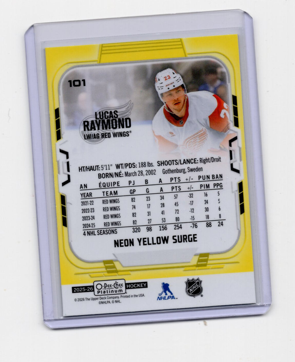 2025-26 O-Pee-Chee Platinum Lucas Raymond Neon Yellow Surge #101 Red Wings