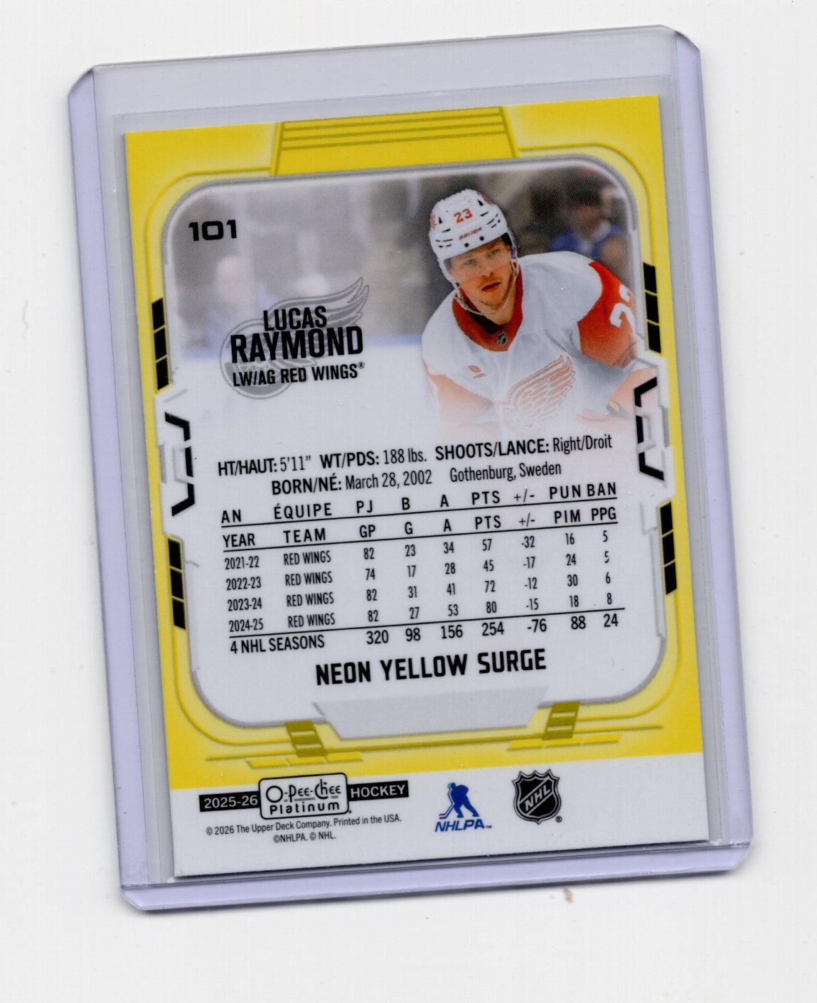 2025-26 O-Pee-Chee Platinum Lucas Raymond Neon Yellow Surge #101 Red Wings