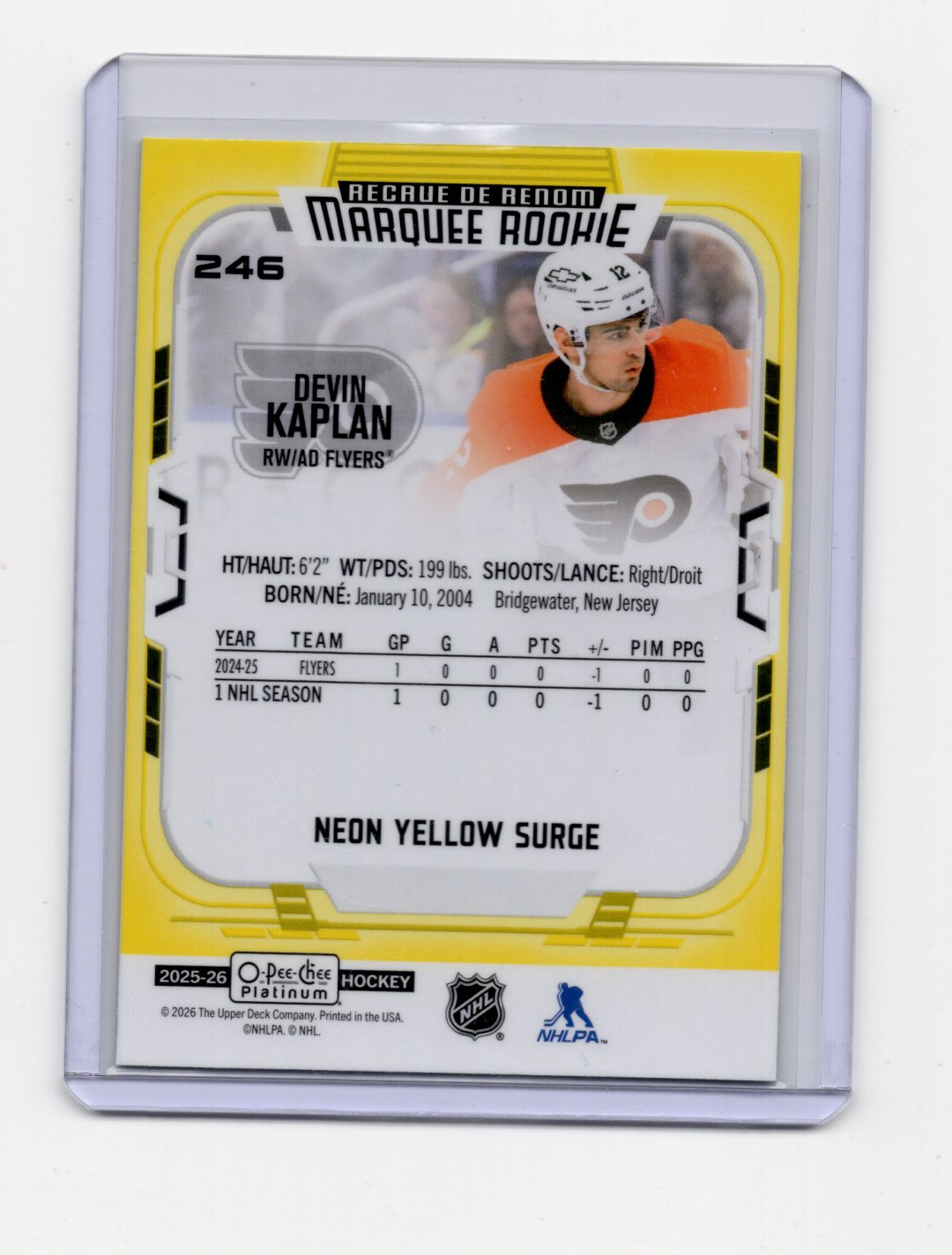 2025-26 O-Pee-Chee Platinum Devin Kaplan Marquee Rookie Neon Yellow Surge #246