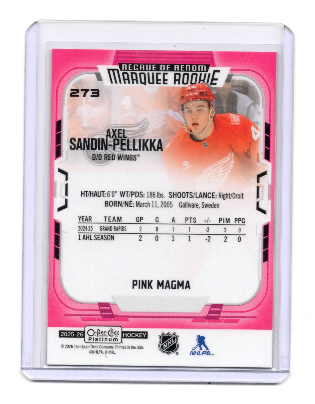 2025-26 O-Pee-Chee Platinum Axel Sandin-Pellikka Card Pink Magma Marquee Rookie