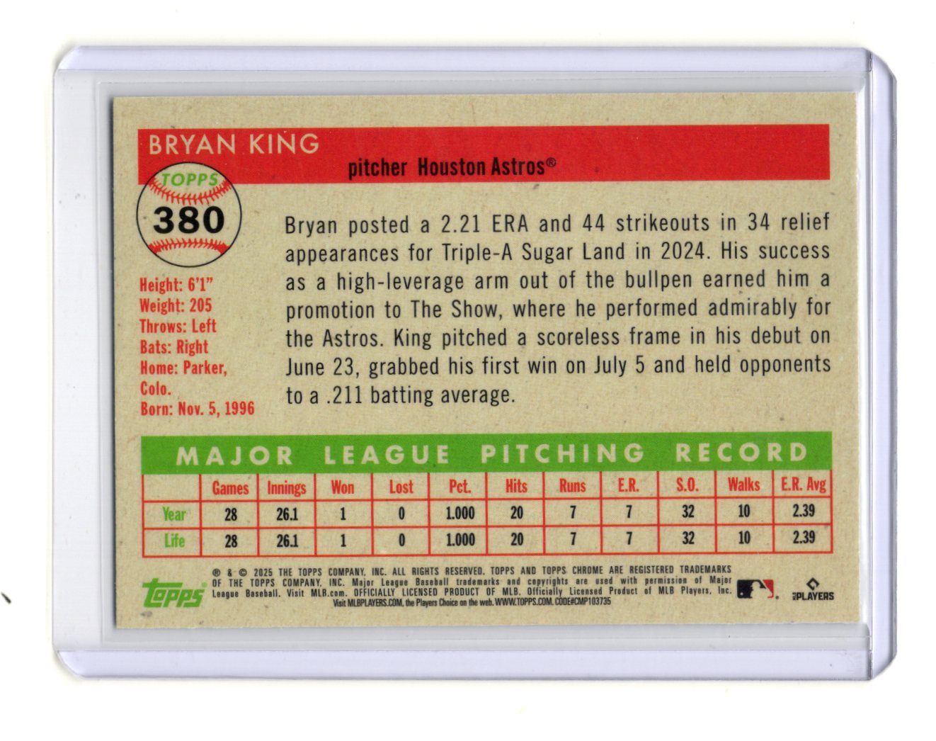 2025 Topps Chrome Platinum Anniversary Bryan King Rookie RC #380 Astros